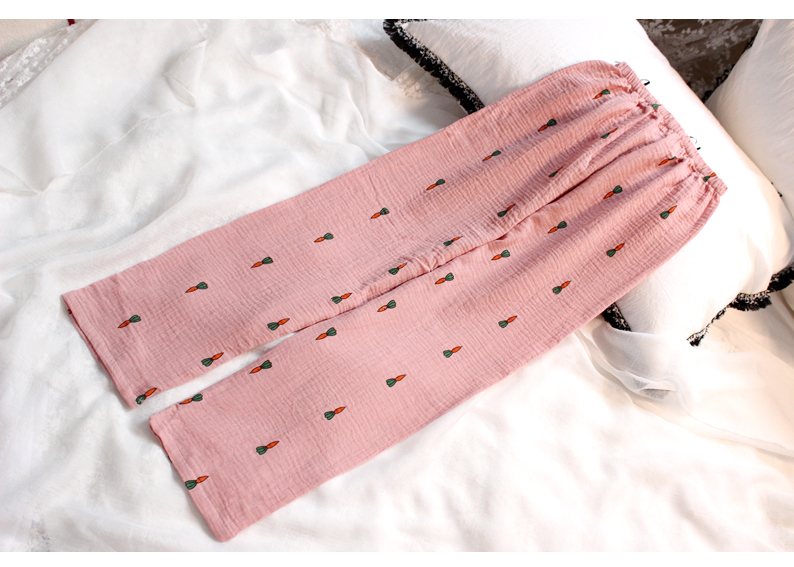 Cà rốt tươi ~ nam và nữ mẫu cotton sợi bông nhăn nhăn thoáng khí mềm mại thoải mái bộ đồ ngủ dài tay mùa thu pijama lụa dài tay