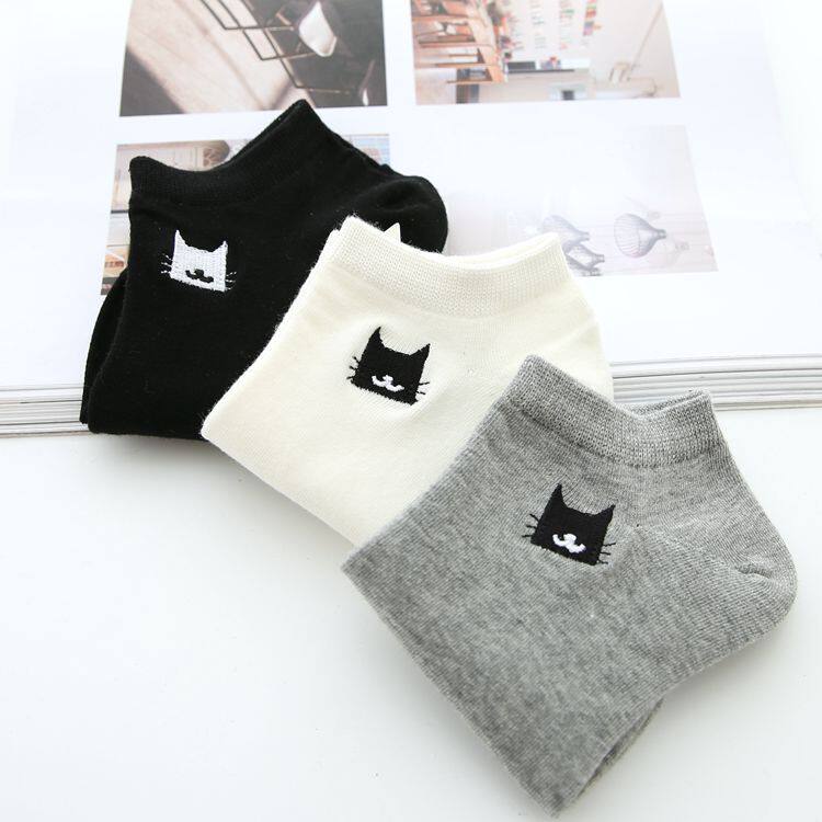 Buy 5 Double Days Department Summer Cotton Sox Sox Pure Embroidered Kitten Woman Invisible Socks Full Cotton Socks