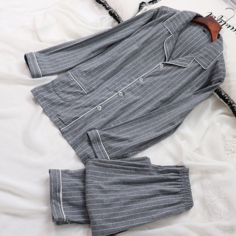 Các mẫu mới của mùa xuân và mùa thu của cotton dệt kim tinh khiết đơn giản vài sọc quần dài tay quần dài phù hợp với bộ đồ ngủ - Bên ngoài ăn mặc