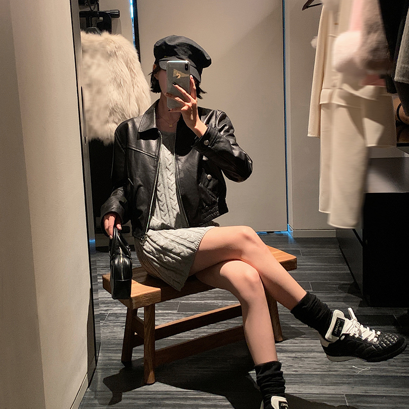 Justchel Retro Motorcycle Vegetable-Tanned Sheepskin Genuine Leather Jacket American Style Short Height-Enhancing Jacket for Women