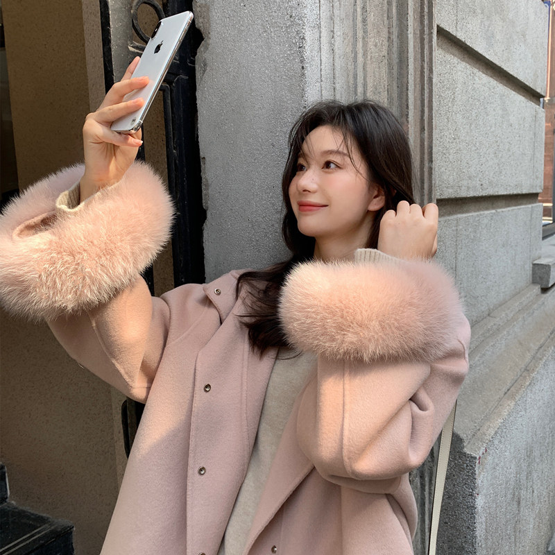 2023 winter new French style double face cashmere big coat woman little sub fox fur cloak with cap pink fur coat-Taobao