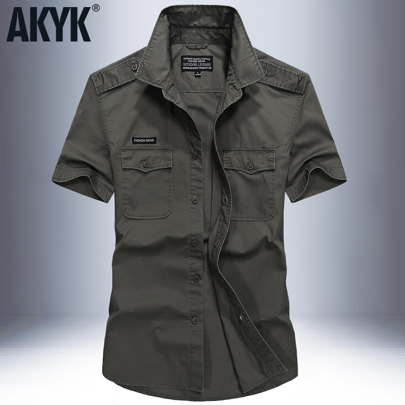 Men's Summer Short-Sleeve Shirt, Workwear, Loose Fit, Large Size, Pure Cotton, Casual Top, Shoulder Patch, Half-Sleeve Military Shirt