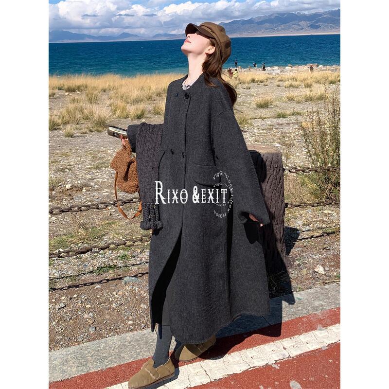 Rixo Exit Round-Neck Double-Breasted Woolen Coat with a Fashionable Design and Scarf, Double-Sided Cashmere Long Coat Rixo Exit Round-Neck Double-Breasted Woolen Coat with a Fashionable Design and Scarf, Double-Sided Cashmere Long Coat
