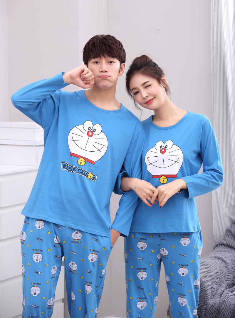 Phiên bản Hàn Quốc của mùa xuân và mùa hè jingle mèo đôi tay dài đồ ngủ nam và nữ một bộ đồ cotton phục vụ nhà mơ ước đồ ngủ