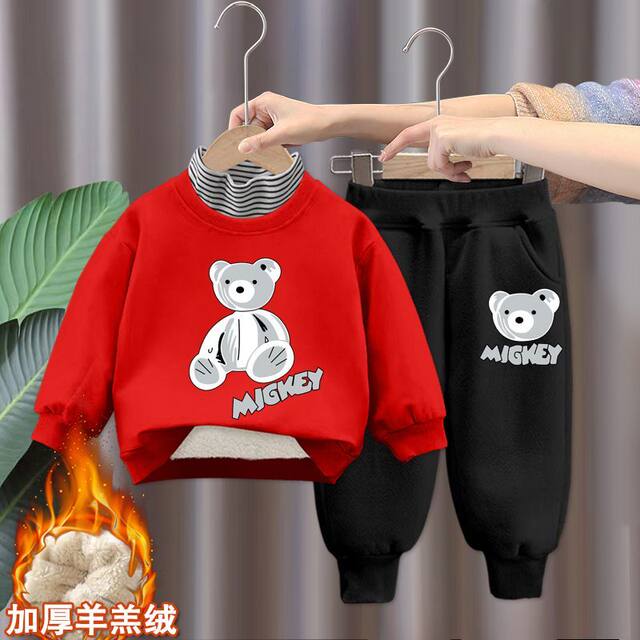 Children's fleece suit girl baby thickened sweater 2022 new boy turtleneck top girl bear two-piece set