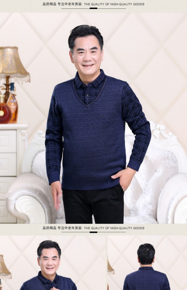 Áo len nam trung niên áo ấm trung niên cộng với áo nhung dày cổ áo giả hai mảnh áo len nam cha áo sơ mi nam hàng hiệu