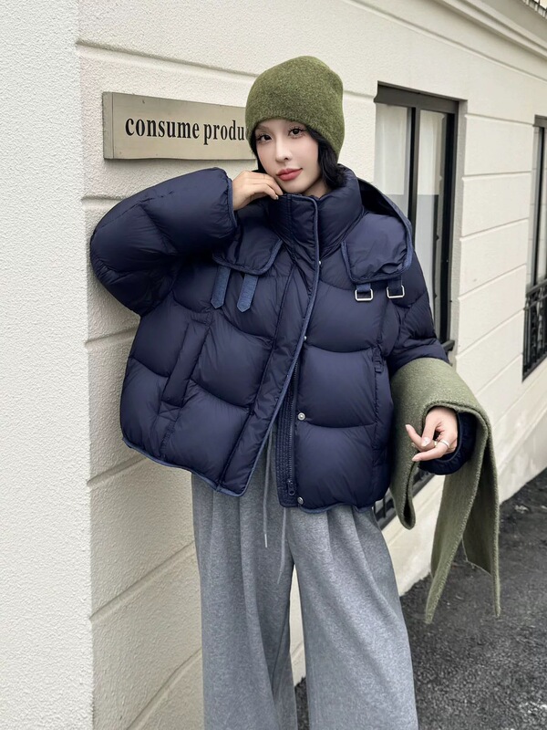 Hat Button Designer Style Puff Purple Thickened Slimming 90% Goose down Short down Jacket Warm Coat