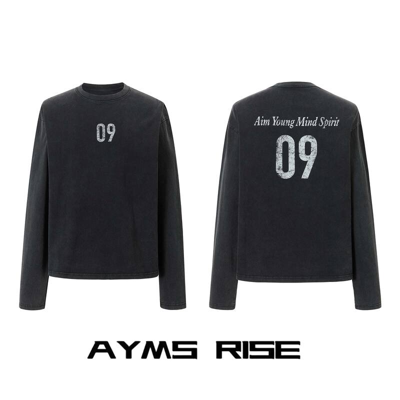 Ayms Autumn and Winter Base Layer, Can Be Worn Alone, Salt-Washed Printed Short Wide-Fit Long-Sleeve T-Shirt