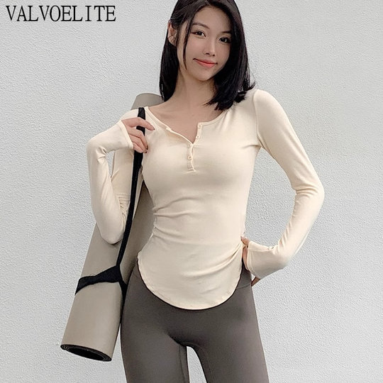 VALVOELITE瑜伽服女显瘦V领运动长袖高弹跑步透气速干健身上衣秋