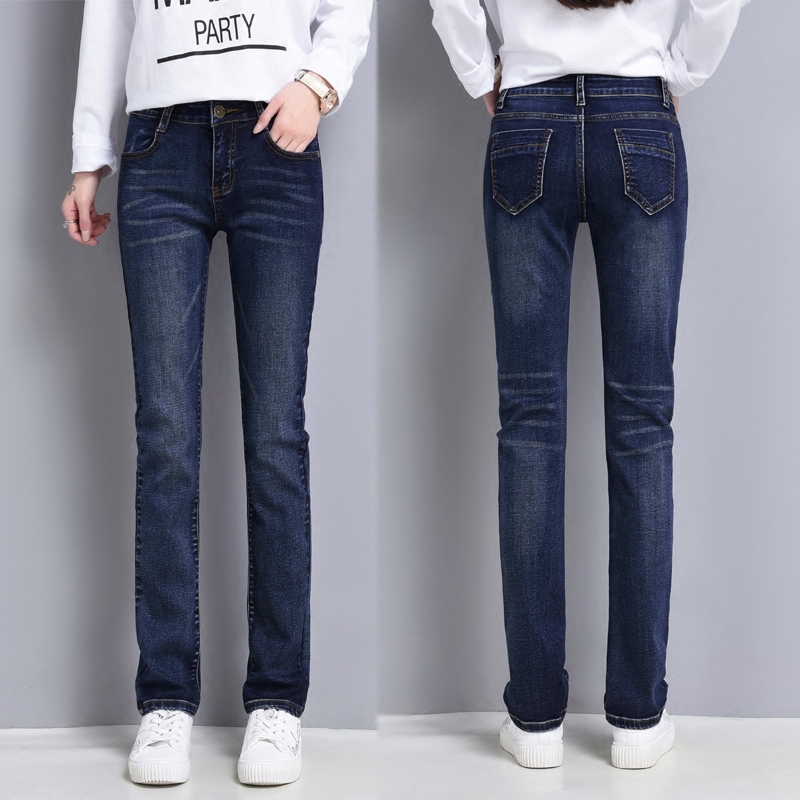 Mid-Waist Slim Straight-Leg Jeans for Women, Stretchy, Spring and Autumn Fashion, Trendy, Slimming, Dark-Colored, Plus-Size Long Pants