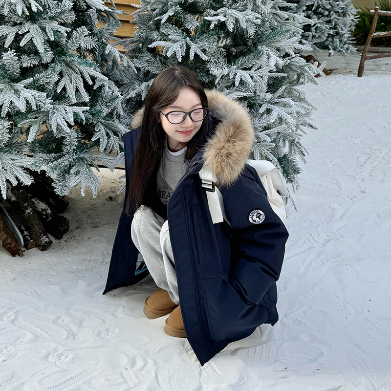 Qiqiyu College Style Navy Blue Workwear down Jacket Parka for Women, Short Version for Petite Figures, Fur Collar Winter Coat