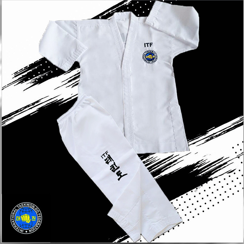 ITF road suit Taekwondo children adult men and women beginner martial arts training suit Pure white adhesive Taekwondo Alliance