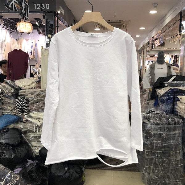 D.W1001 Genuine tall curled white bottoming with velvet long-sleeved round neck ripped loose T-shirt for women dw