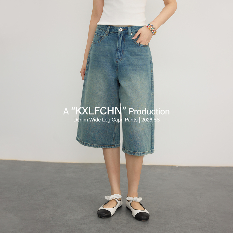 Kxlfchn Retro Washed Blue Denim Capri Pants for Women, High-Waisted, Wide-Leg, Loose Straight-Leg Capri Pants