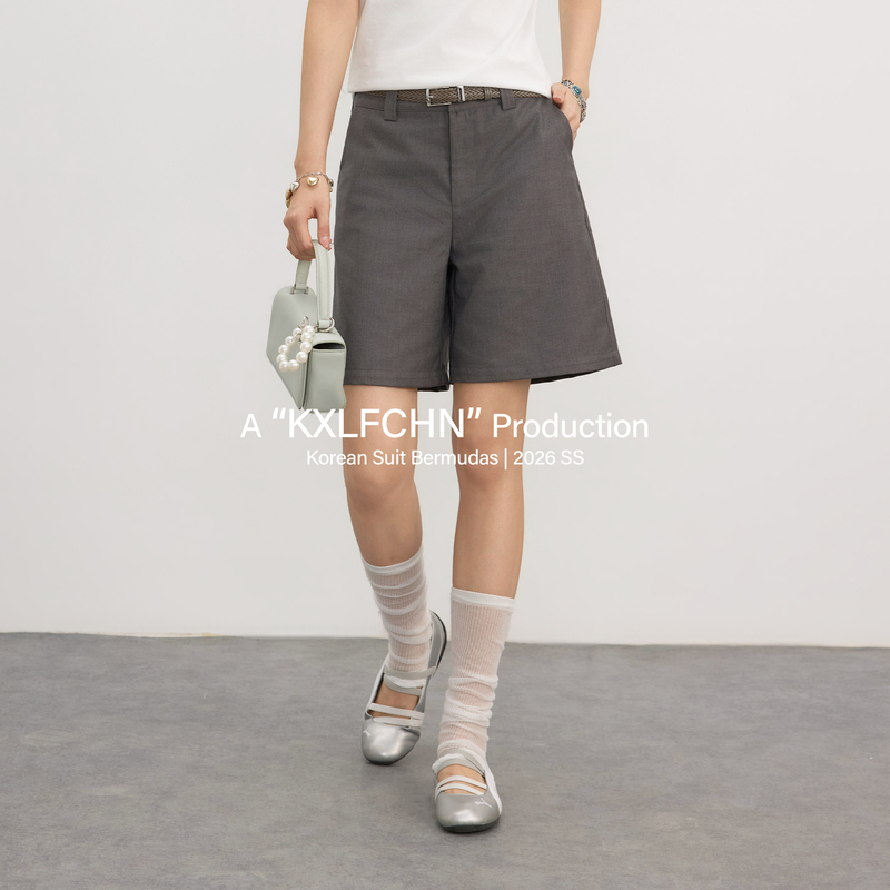 Kxlfchn Trendy Gray Suit Shorts, Loose Fit, Slimming, Versatile for Commuting, Summer Straight-Leg Knee-Length Shorts