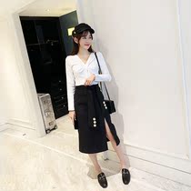 Autumn suit womens fashion womens clothing 2021 new Korean version long-sleeved base shirt half skirt two-piece set women