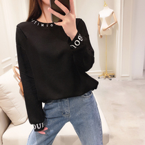 Sweater womens autumn 2021 new womens Korean fashion Western style round neck letter printing pleated long-sleeved top womens tide