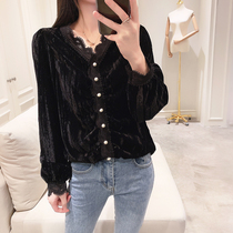 Velvet top womens spring 2021 new Korean version of fashion pleated v-neck shirt design sense of foreign base shirt women