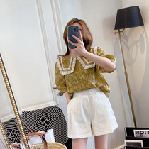 Shirt woman slim fit 2022 Summer new womens clothing Korean version Fashion lace splicing dolls collar loose crued blouses