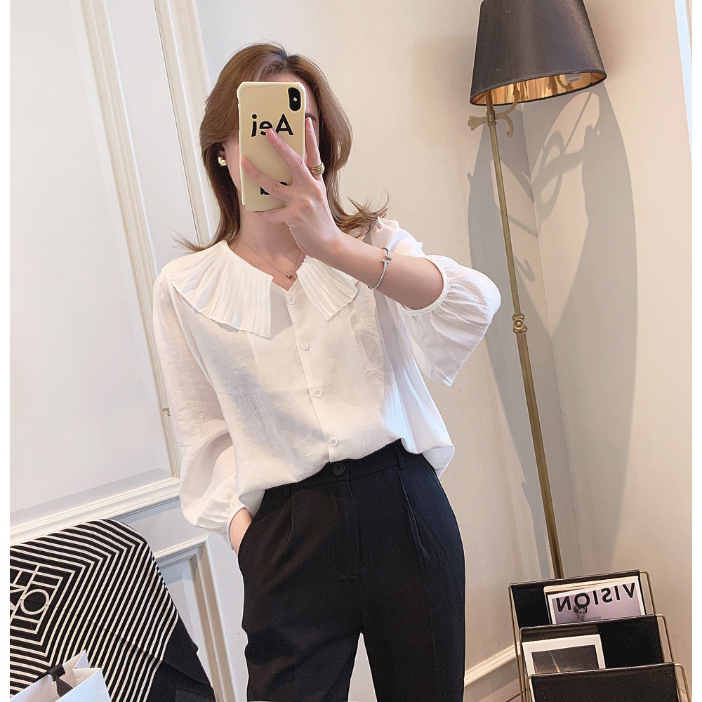 Fan-style shirt female design sensation 2022 spring new women's fashion Fashion Temperament Doll Collar Snow-spinning Blouse Women