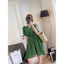 Even dress design feeling small crowd 2022 Summer new womens clothing Han version fashion lotus leaf side v collar short sleeve dress children
