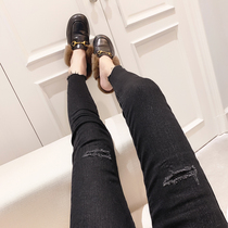 Jeans womens 2021 new womens fashion Korean version slim slim pants high waist hole small feet pants womens spring and autumn
