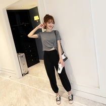 Sports suit womens summer 2021 new womens fashion short t-shirt drawstring leg bloomers two-piece set foreign style age reduction