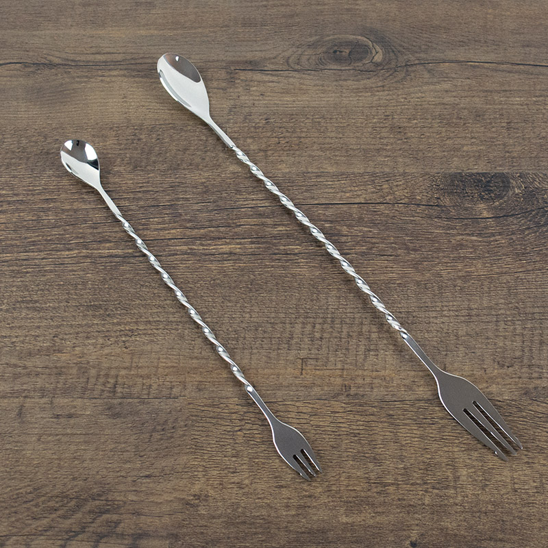Delicate stainless steel long handle stirring stick cocktail coffee milk tea stirring spoonful of wine bar with double head fork spoons