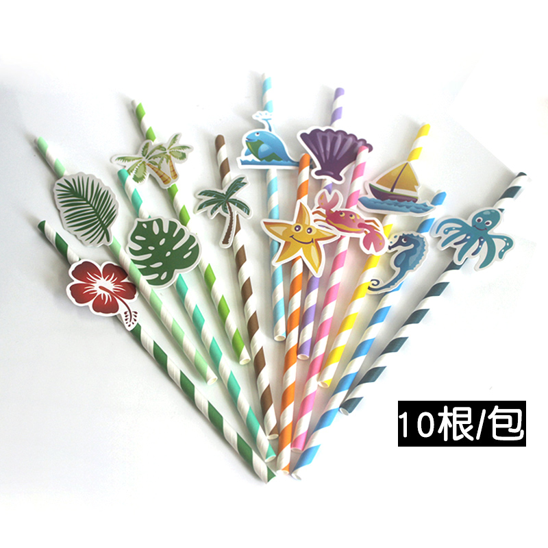 Environmentally friendly Mason bottle disposable hard paper straw marine series Cartoon card hanging card party straws 10 roots