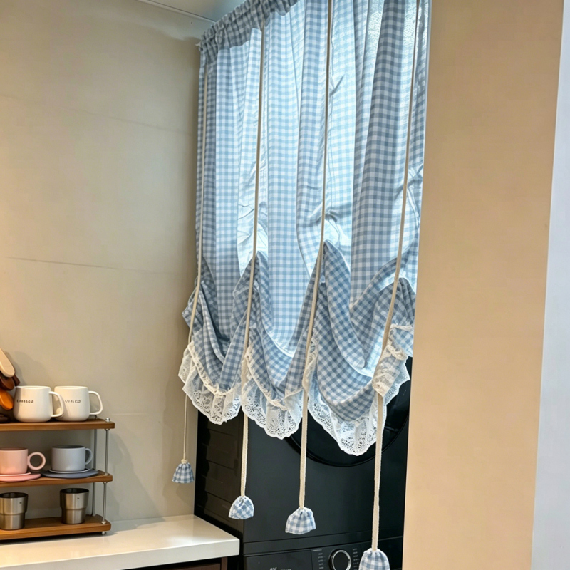 ins Pure Cotton Blue Plaid Kitchen Partition Curtain, Door Curtain, Pull-Up Curtain, Adjustable Curtain, Decorative High-End Atmosphere ins Pure Cotton Blue Plaid Kitchen Partition Curtain, Door Curtain, Pull-Up Curtain, Adjustable Curtain, Decorative High-End Atmosphere