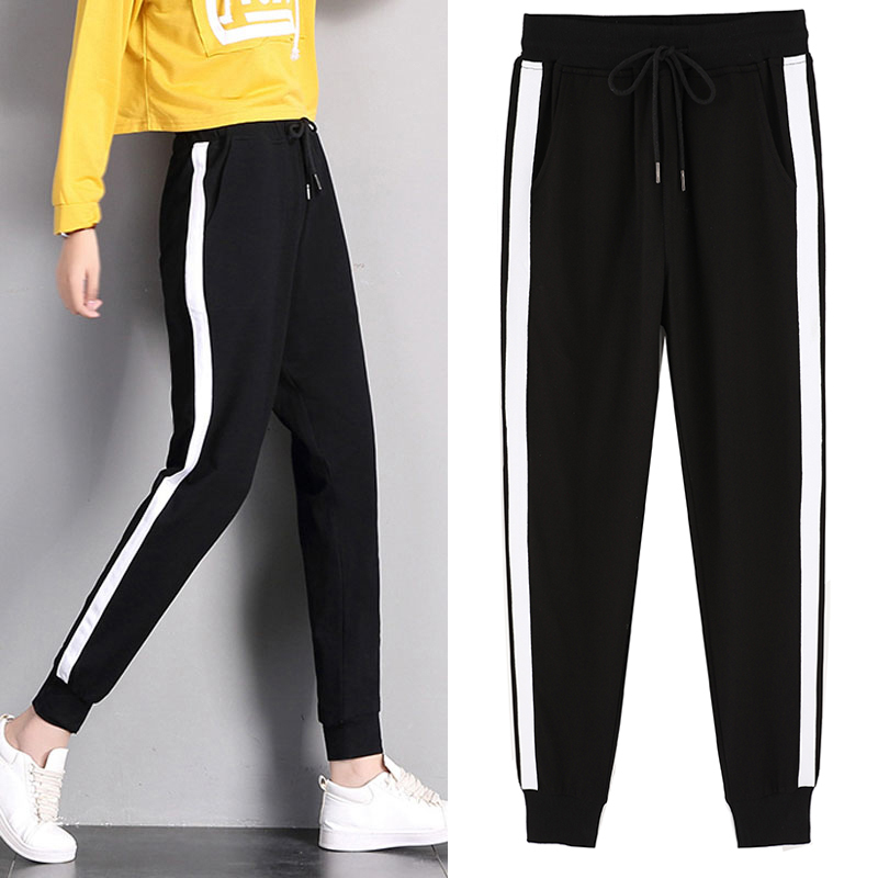 Women's Pure Cotton Jogger Pants 2026 Spring/Autumn Loose Fit Cuffed Side Stripe White Trim Black Harem Casual Pants