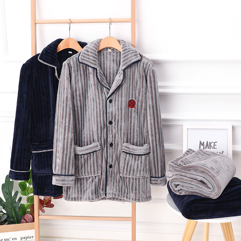 Flannel men's sleepwear autumn and winter days Thickened Coral Suede Long Sleeve Warm and suede home Suit Suit Large Size