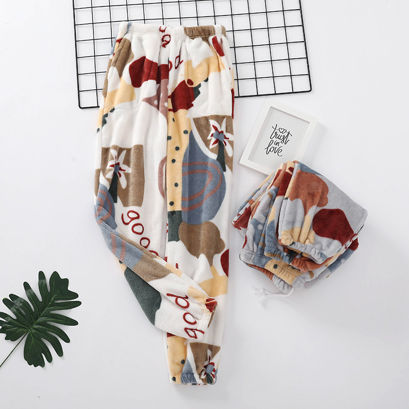 Thick coral fleece couple home pants men and women autumn and winter flannel pajamas cartoon graffiti casual closing trousers