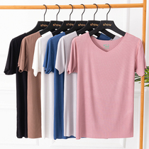 Modale short sleeve T-shirt female summer slim cut without mark half sleeve undershirt day series Jane about no side V collar home blouse