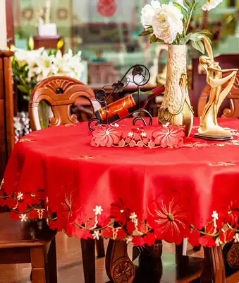 Round dining table fabric tablecloth embroidered European pastoral universal cover cloth Red wedding bed head cabinet cover towel