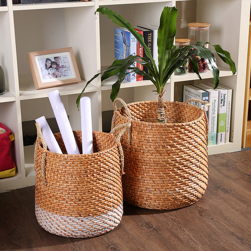 Imported rattan creative American home dirty clothes storage bucket bedroom storage bucket green plant flower pot set decoration - Taobao