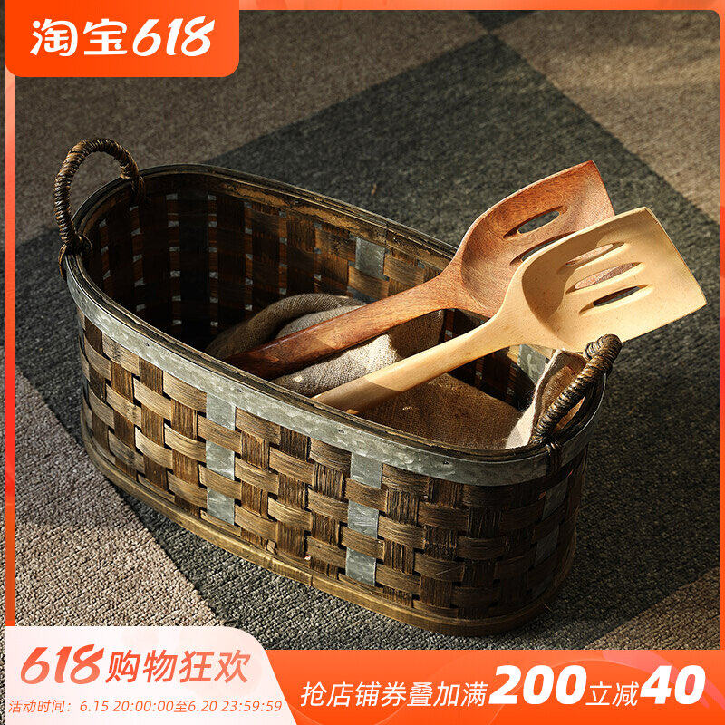 Bamboo-knitted galvanized containing basket attached handle American galvanized iron art containing basket hollowed-out woven debris basket