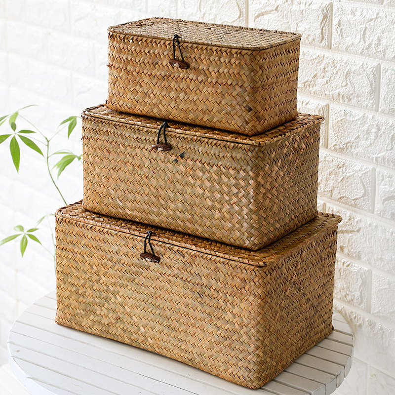 Large Size Grass Knitted Covered Containing Box Handmade Woven Basket Tabletop Containing box Cosmetic Snacks containing basket