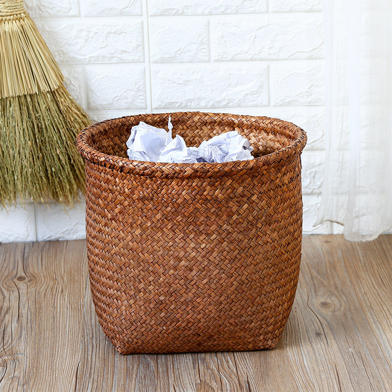 Household large straw trash can woven trash can garden wastebasket storage bucket flowerpot set