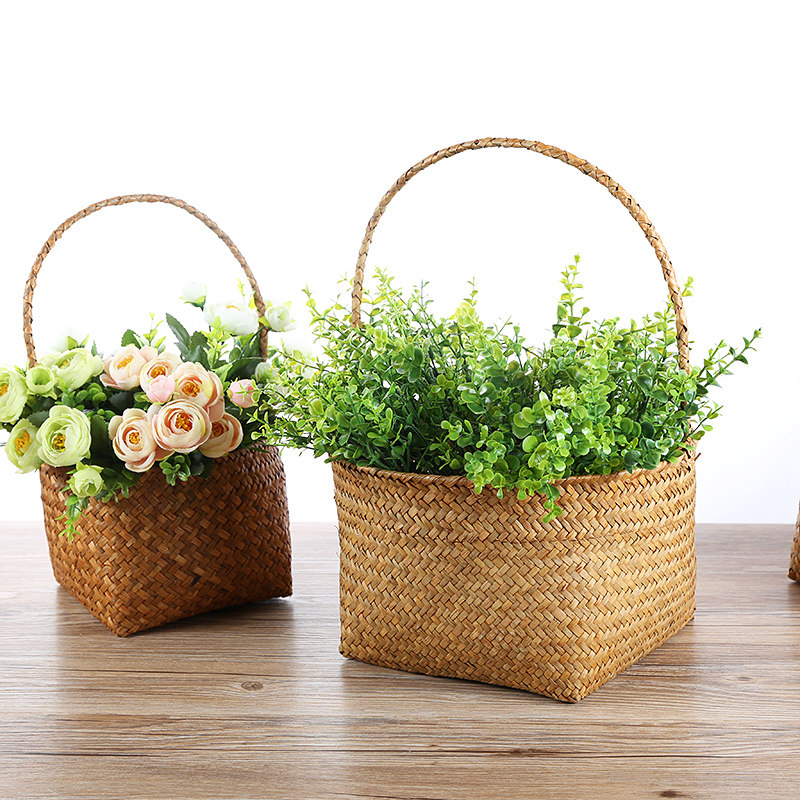 American creative straw choreography oval containing basket Desktop snacks storage basket green plant flower-flower basket tits basket