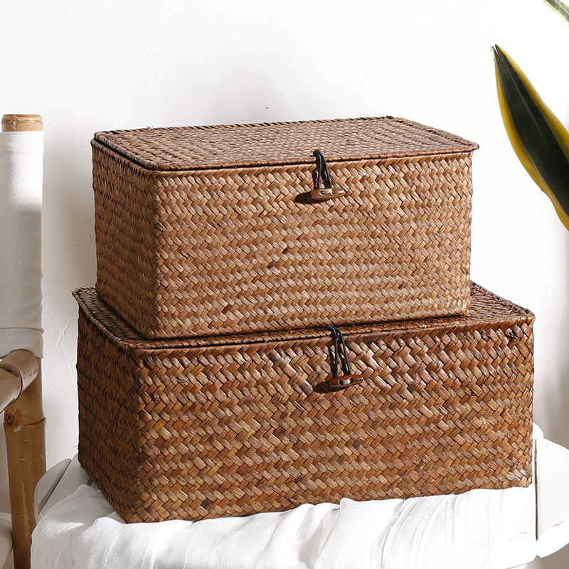 Straw storage box covered Japanese sundries sorting box woven storage box jewelry box storage basket rattan