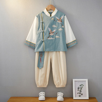 Crane embroidery fake two-piece cotton hemp suit kindergarten stage suit sweating spring and summer performance group uniform