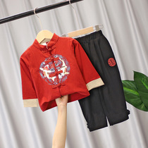 2021 New childrens Hanfu autumn stage performance clothes Childrens clothing boys cotton and linen Hanfu set tide ethnic style children retro