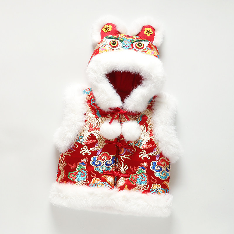 Girl's vest with cotton winter boy rabbit hair Children's New Year's dress 0-1-2-3-4-5 year old Tiger head hooded vest Red