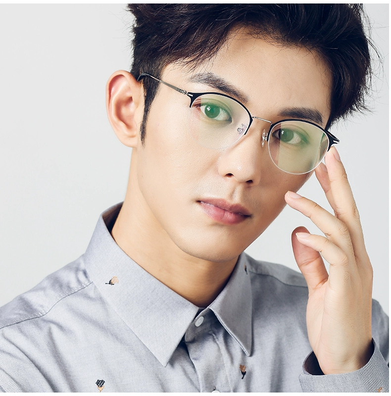 Kính cận thị nam siêu nhẹ kính retro khung nam kinh doanh kính kim loại khung nửa khung chống ánh sáng màu xanh phẳng nghệ thuật - Kính khung