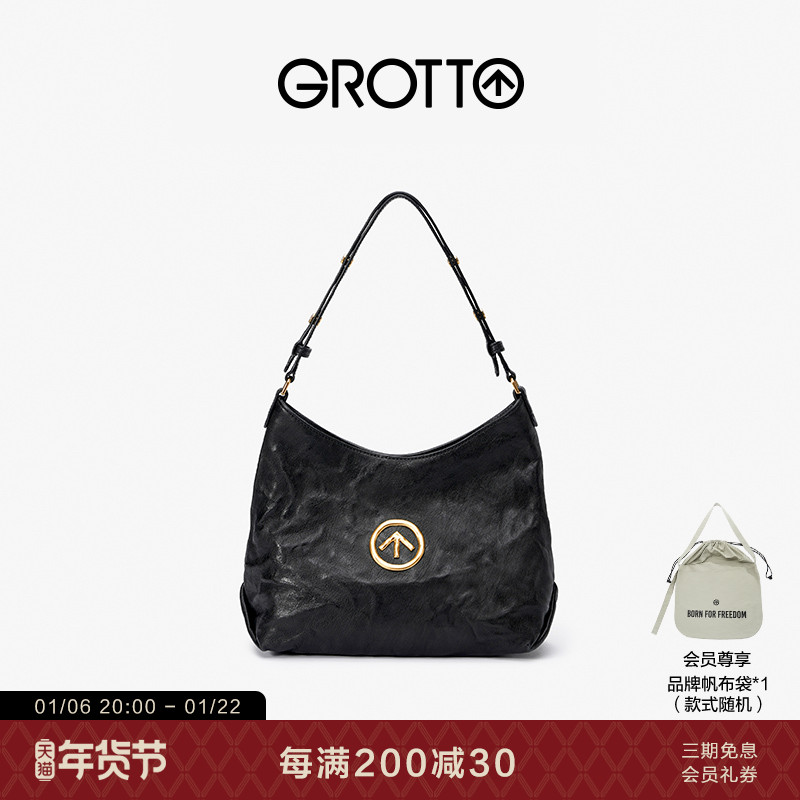GROTTO ブラック ストーン ホーボー バッグ スモール クラシック ベジタブル タンニンなめし シープスキン 脇の下 シングル ショルダー クロスボディ ソフト バッグ