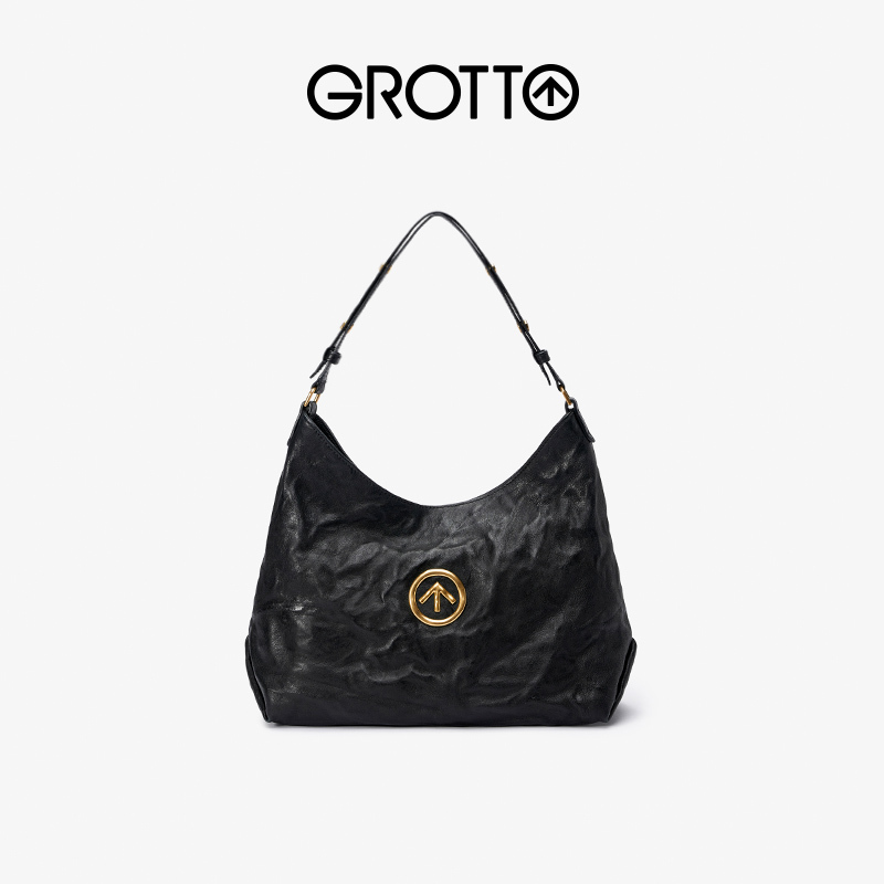 Grotto Black Stone Hobo Bag Vegetable-Tanned Sheepskin Large Capacity Shoulder Crossbody Bag Gift