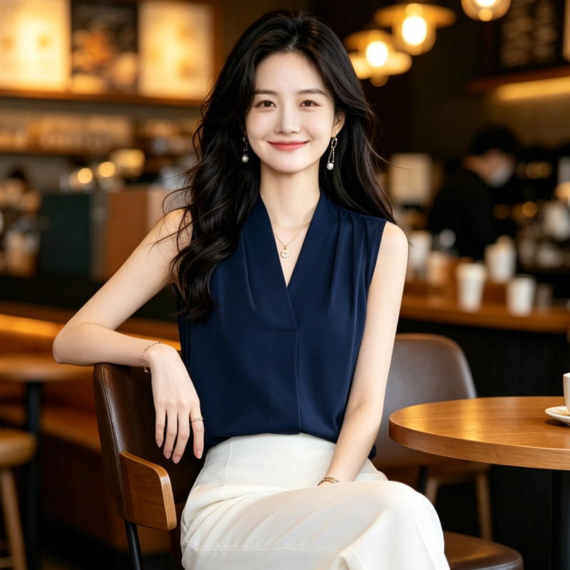 High-End Sleeveless Silk Shirt for Women, Summer Thin Style, Elegant Commuter Professional V-Neck Shirt, Versatile Tank Top High-End Sleeveless Silk Shirt for Women, Summer Thin Style, Elegant Commuter Professional V-Neck Shirt, Versatile Tank Top