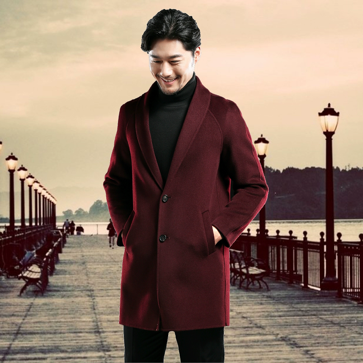 Áo khoác nam 2019 mới áo khoác len hai mặt bằng len cashmere áo khoác nam phiên bản Hàn Quốc trong bộ đồ dài màu đỏ tía - Áo len