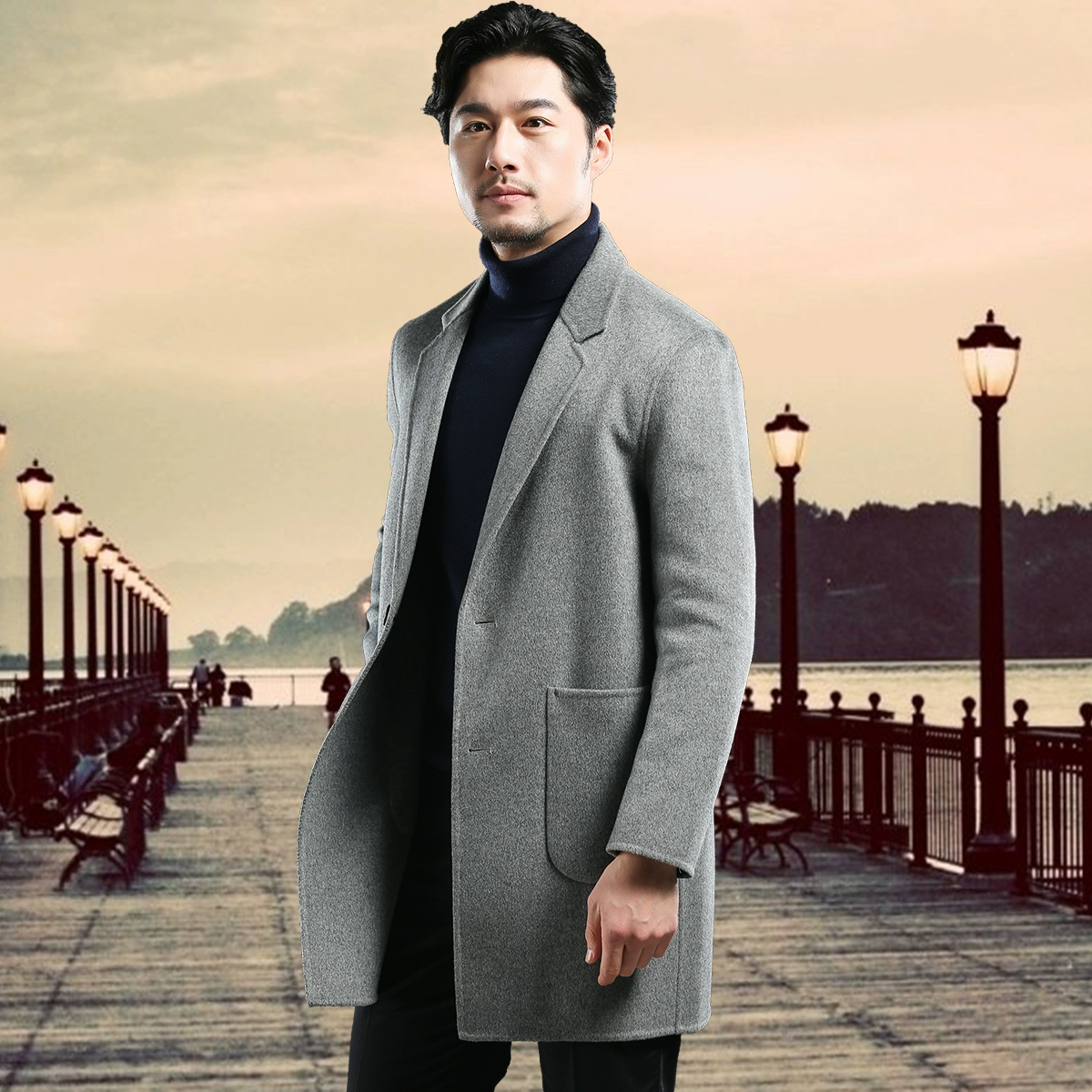 Mùa thu và mùa đông nam áo khoác cashmere hai mặt Hàn Quốc Slim giữa chiều dài trẻ trung và trung niên len lông cừu của Anh - Áo len